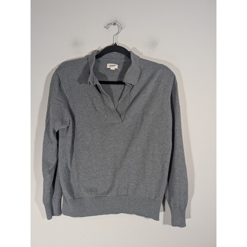 Pact Womens Organic Cotton Gray Long Sleeve Polo Sweater Sz XS Sustainable
